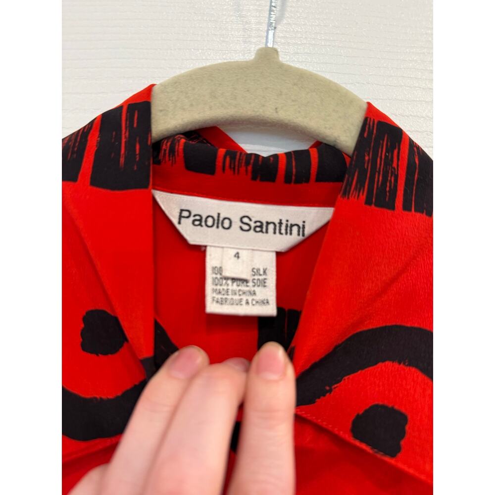 Paolo Santini Vintage Retro Red Black Silk Emu Button Down Top Sz 4 - Picture 3 of 5